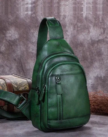 Waterproof backpack for rainy outdoor adventures -Vintage Green Womens Leather Sling Bag Chest Bags Purses One Shoulder Backpack for Ladies