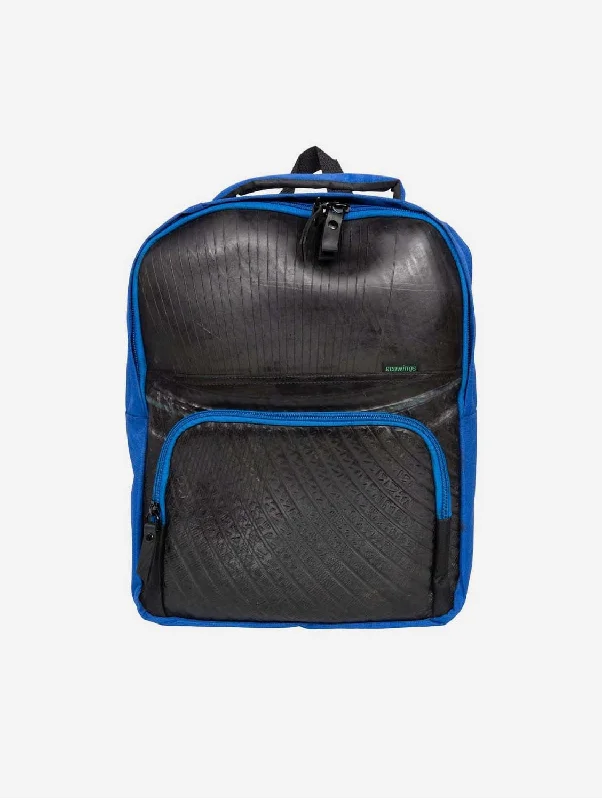 Durable travel backpack with reinforced stitching strength -Rozer Upcycled Tyre Vegan Backpack | Blue