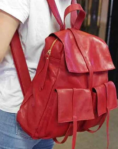 Laptop-friendly backpack for tech-savvy travelers -Genuine Leather Cute Backpack Bag Shoulder Bag Red Black Women Leather Purse