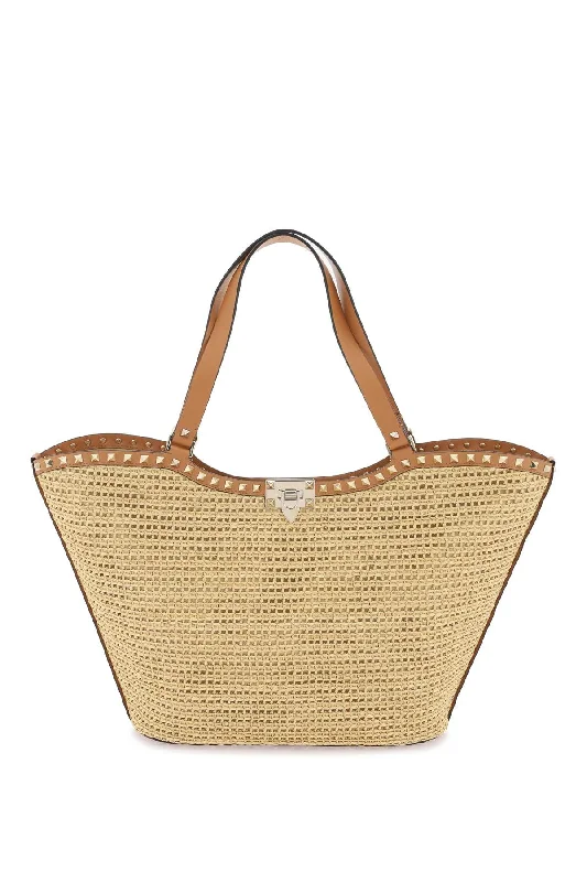 rockstud raffia tote bag