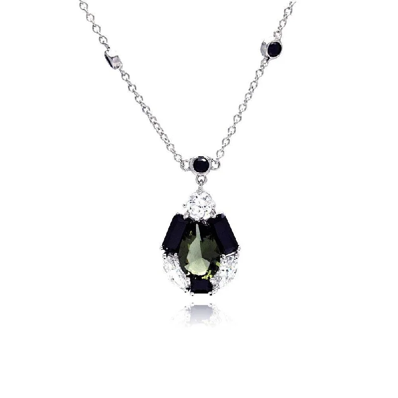 Clearance-Silver 925 Rhodium Plated Green Center Teardrop Black Baguette CZ Necklace - BGP00342