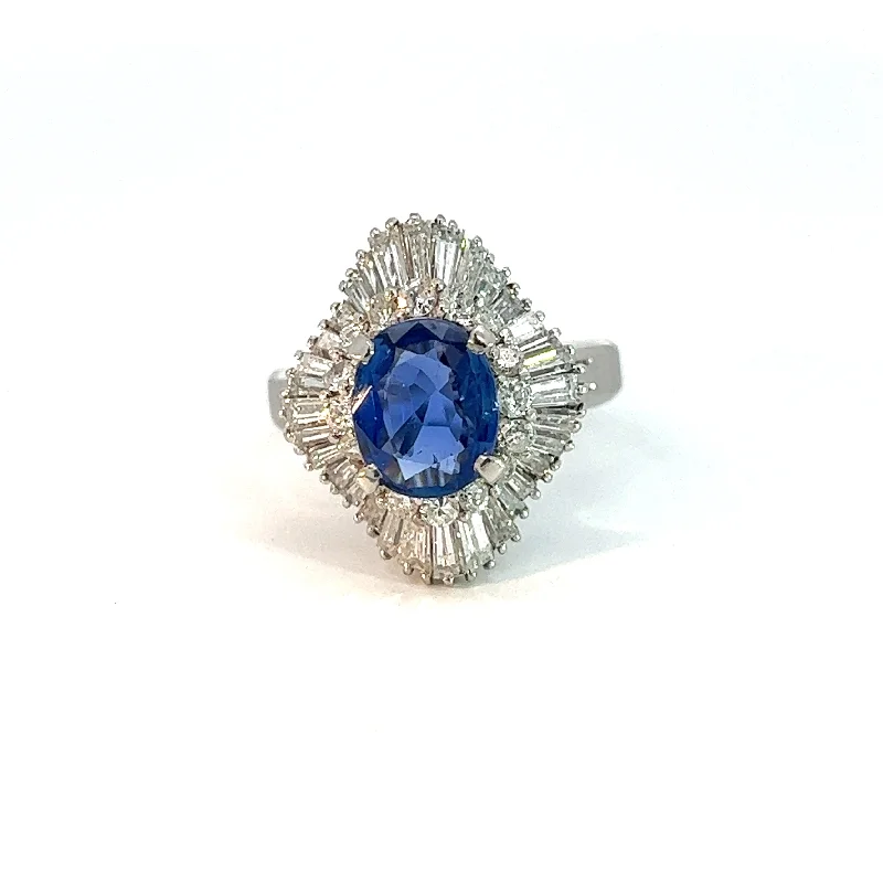 Modern Platinum approx 2ct Ceylon sapphire + 2.65 round + baguette diamond ring