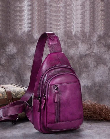 Lightweight hiking backpack for long mountain trails -Purple Womens Leather Sling Bag Brown Chest Bags Purple One Shoulder Backpack for ladies