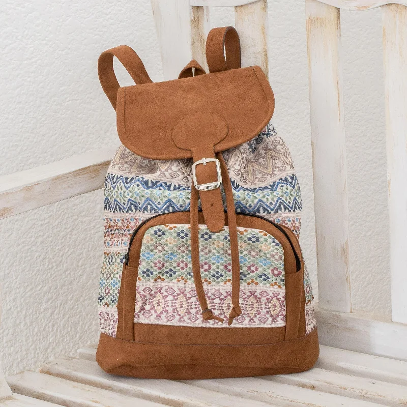 Stylish leather backpack for urban daily commuting -Traditional Pastel Pastel Faux Suede-Accented Cotton Backpack from Guatemala