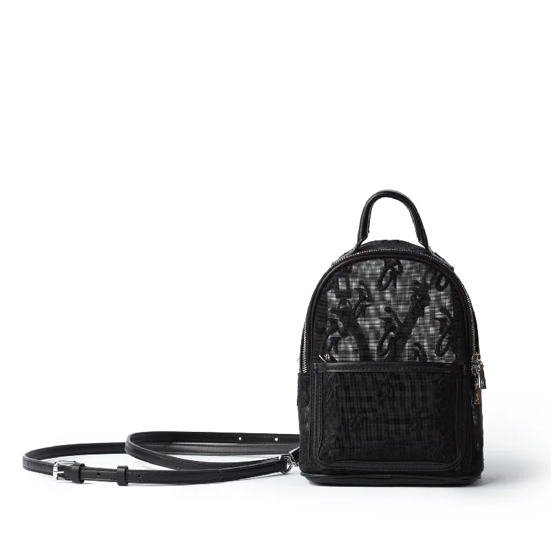 Travel backpack with built-in USB charging port -MINI MESH MONOGRAM BACKPACK - BLACK