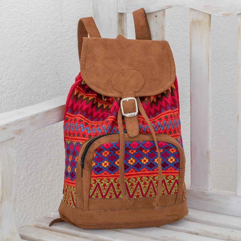 Compact daypack backpack for short weekend trips -Flowers of Comalapa Zigzag Motif Handwoven Cotton Backpack from Guatemala