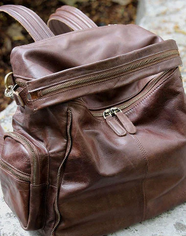 Roll-top backpack for versatile waterproof protection -Handmade Leather backpack bag shoulder bag Coffee women leather purse