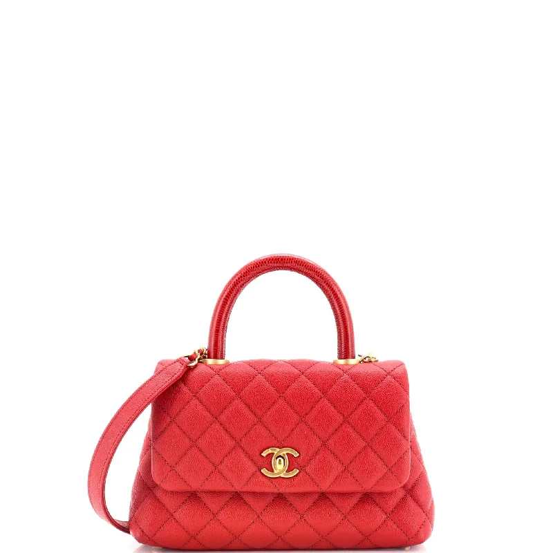 Coco Top Handle Bag Quilted Caviar with Lizard Embossed Handle Mini