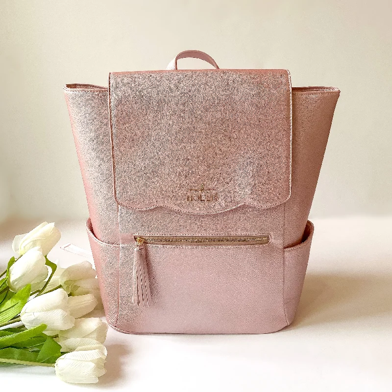 Urban travel backpack with smart organizer pockets -Hollis | Frilly Full Size Backpack in Blush