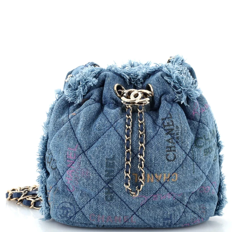 Bucket bags with wide straps for even weight distribution and comfortable carrying-Denim Mood Chain Bucket Bag Logo Printed Quilted Fringe Denim Medium