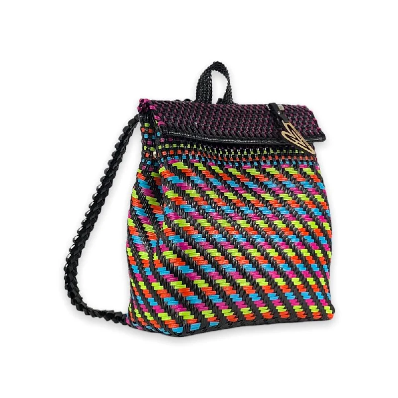 Compact daypack backpack for short weekend trips -Maria Victoria | Quetzal BK | Upcycled, Handwoven, Black&Multicolor Backpack