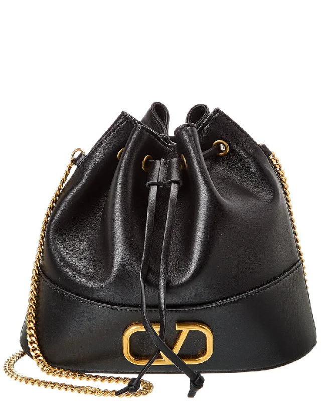 Bucket bags with metallic finishes for a glam and reflective statement piece-Valentino VLogo Leather Bucket Bag (Authentic Pre-Owned)