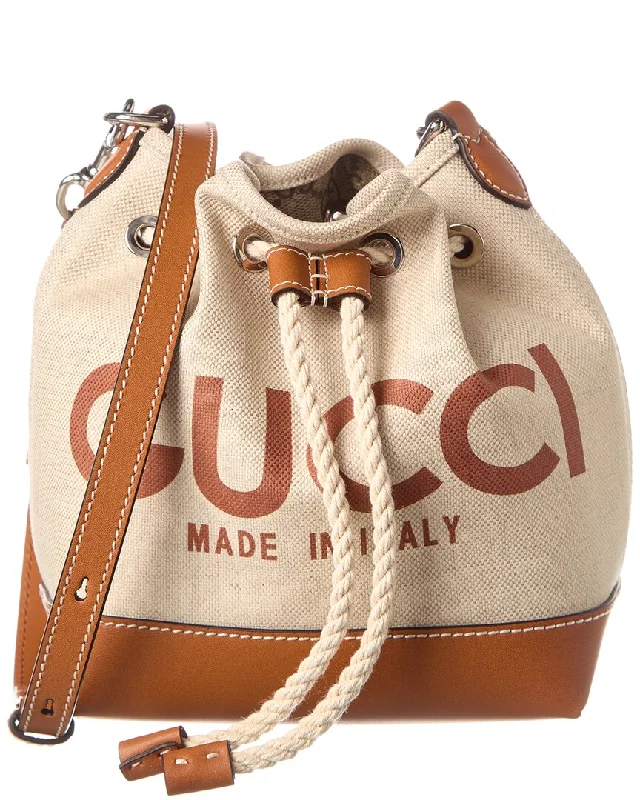 Bucket bags with simple silhouettes for easy pairing with various outfits-Gucci Logo Print Canvas & Leather Bucket Bag