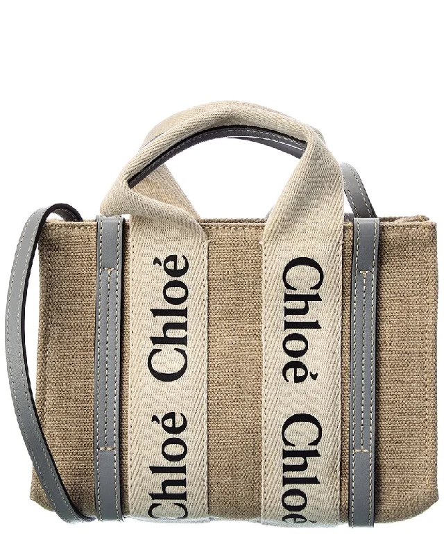 Leather handle bags for elegant daily carry -Chloé Woody Mini Canvas & Leather Tote