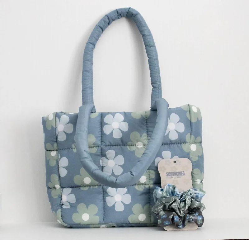 Handle bags with double handles for strength -Daisy Puffer Bag In Blue/green