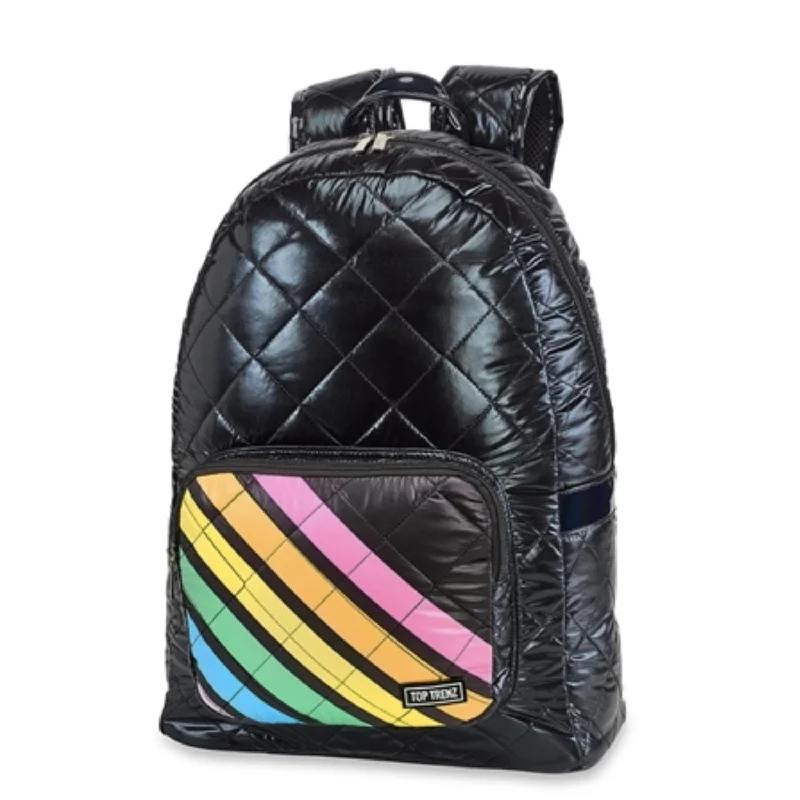 Mesh panel backpack for ventilated hiking comfort -Diamond Stitch Puffer Backpack in Black /Angel Stripes Pocket