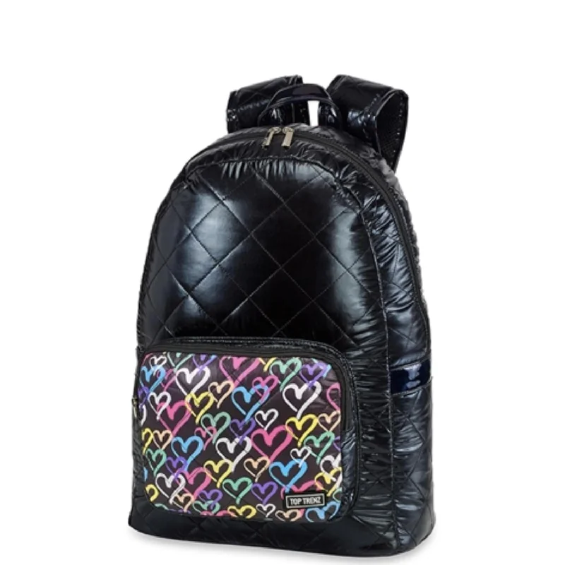 Lightweight foldable backpack for emergency backup use -Diamond Stitch Puffer Backpack in Black /Graffiti Heart Pocket