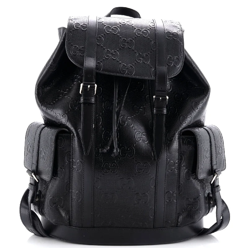 Outdoor survival backpack with emergency tool pockets -Double Buckle Backpack GG Embossed Perforated Leather Large