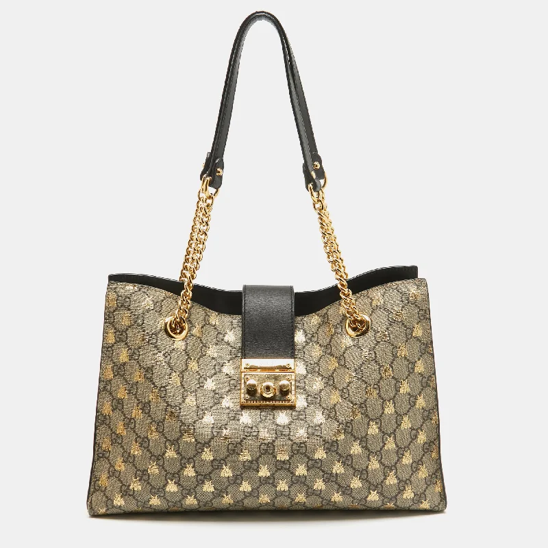 Handle bags with sleek hardware for sophistication -Gucci Black/beige Gg Supreme Canvas And Leather Padlock Bee Tote