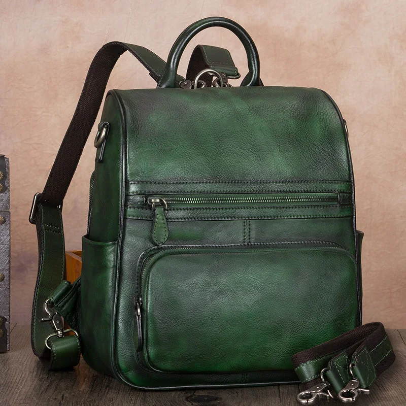 Vintage style backpack for retro aesthetic lovers -Handmade Womens Green Leather Backpack Purse Satchel Bag for Women