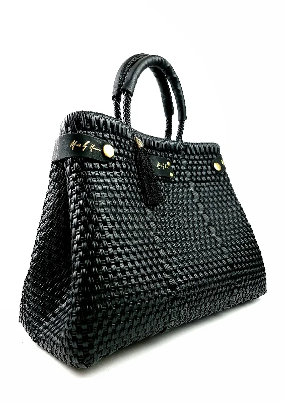 Handle bags with bold stripes for trendiness -Less Pollution Convertible Handbag-Luxury Black