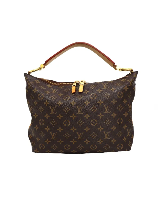 Handle bags with zipper tops for security -Louis Vuitton Monogram MM Sully Hand Bag in Brown Canvas Leather