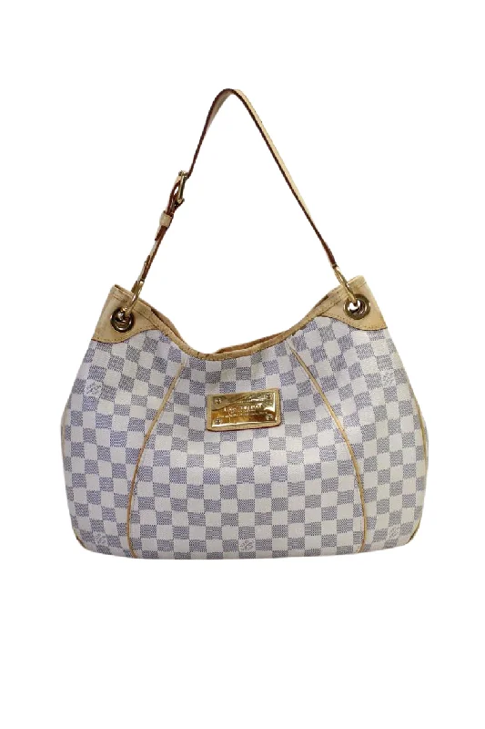 Handle bags with lightweight fabric for ease -Louis Vuitton Womens Damier Azur Galliera PM Hobo Handbag White Blue