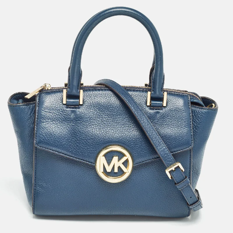 Handle bags with detachable pouches for versatility -Michael Kors Navy Blue Leather Hudson Satchel