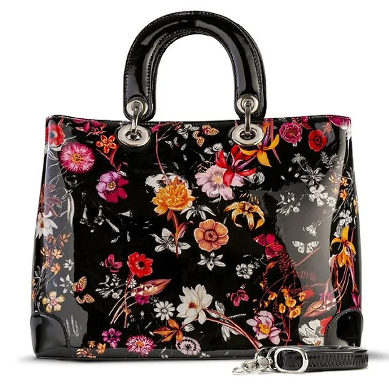 Handle bags with modern logos for branding -Night Blossom Flower Print Lightweight Black Leather Handbag