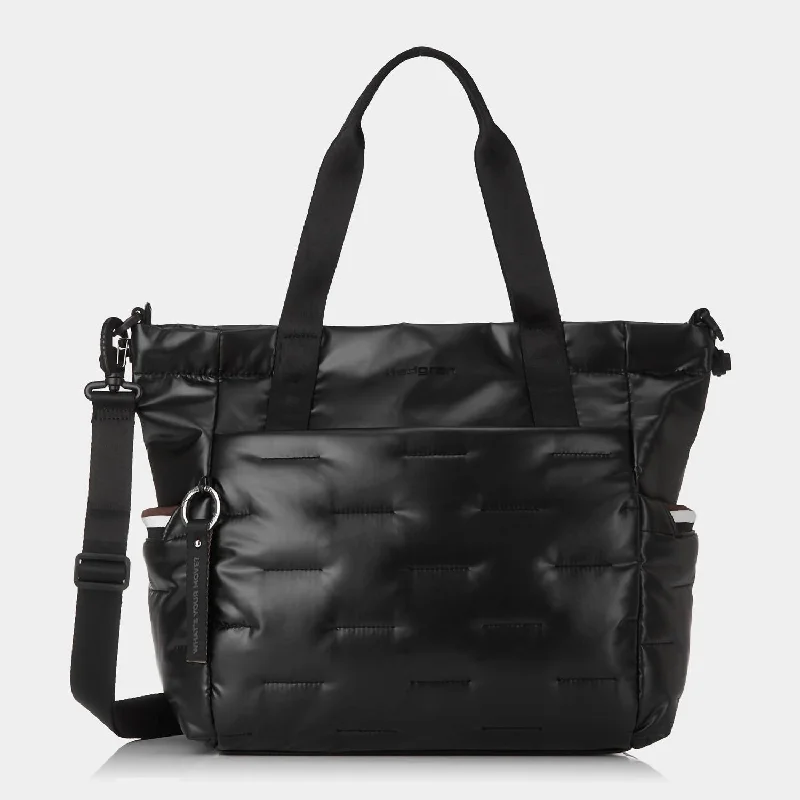 Handle bags with hidden pockets for security -Puffer Tote Bag In Black