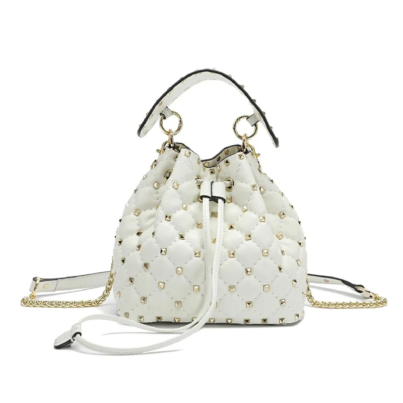 Handle bags with metallic finishes for shine -Quilted Studded Lambskin Drawstring Shoulder Bag