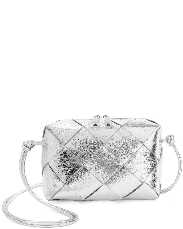 Handle bags with wide openings for access -Tiffany & Fred Paris Smooth Metallic Woven Leather Bag