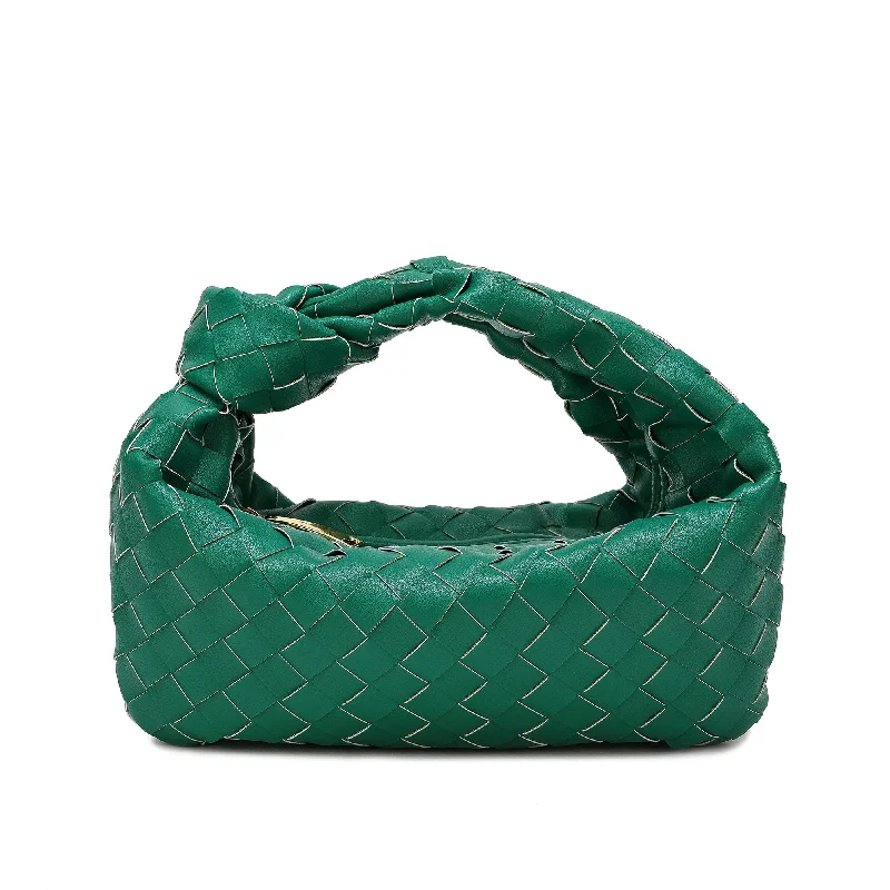 Handle bags with playful pom-poms for charm -Tiffany & Fred Woven Sheepskin Knot Pouch Bag