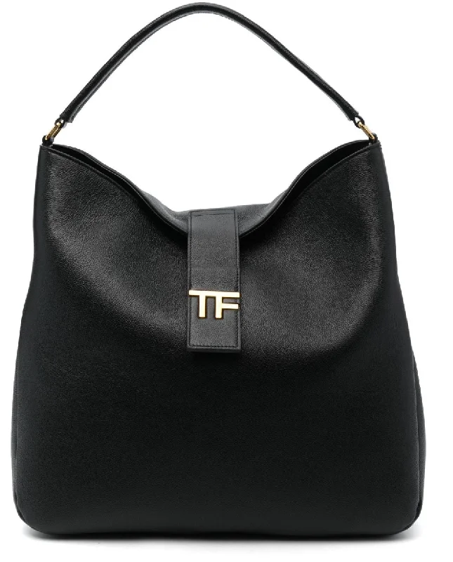 Handle bags with rugged canvas for outdoors -Tom Ford Womens Logo Leather Hobo Bag In Black