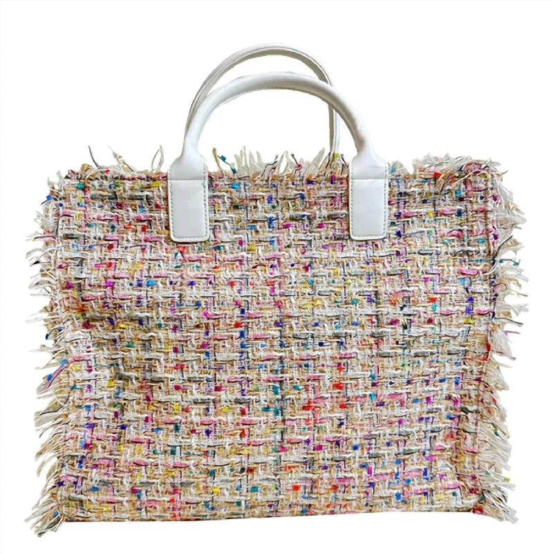 Handle bags with geometric patterns for modernity -Tori Spring Fringe Tweed Tote Bag In White