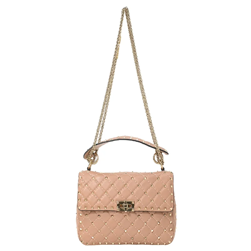 Handle bags with bold stripes for trendiness -Valentino Medium Rockstud Spike Top Handle Bag in Old Rose Leather